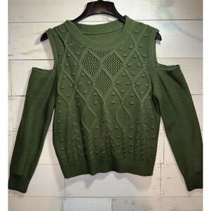 Shein Dark Green Forest Cold Shoulder Knit Sweater Sz Medium